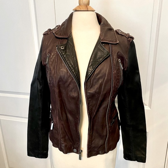 Michael Kors maroon/black leather moto jacket w/ gunmetal hardware -small - Picture 2 of 16